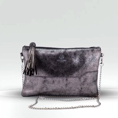 CLUTCH BAG CAMÉLIA - Piel de becerro plena flor gris claro