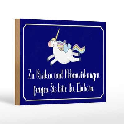 Cartel de madera que dice 18x12 cm sobre riesgos pregunta decoración unicornio