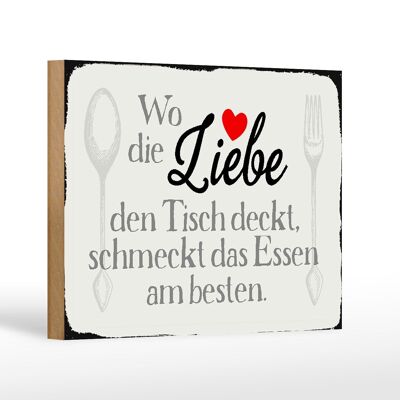 Cartel de madera con texto 18x12 cm donde el amor pone la mesa decoración comida