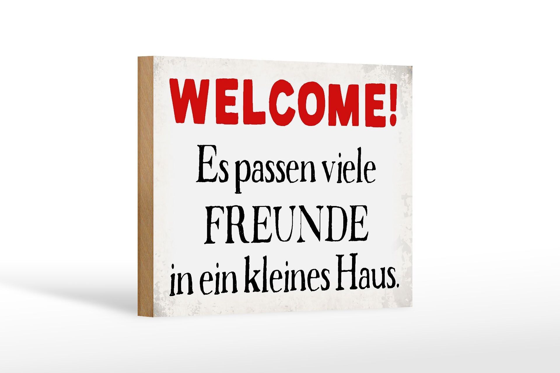 Cartello in legno con scritta "Benvenuti tanti amici" decorazione per la casa 18x12 cm