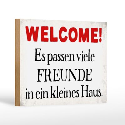 Cartello in legno con scritta "Benvenuti tanti amici" decorazione per la casa 18x12 cm