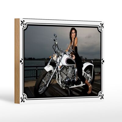 Holzschild Motorrad 18x12 cm Biker Girl Pinup Frau Dekoration