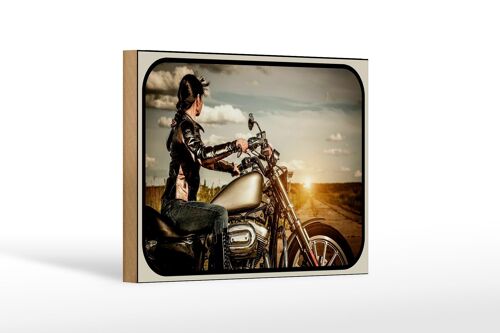 Holzschild Motorrad 18x12 cm Frau Girl Sonnenaufgang Dekoration