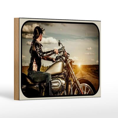 Holzschild Motorrad 18x12 cm Frau Girl Sonnenaufgang Dekoration