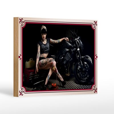 Holzschild Motorrad 18x12 cm Biker Girl Pinup Frau Tattoo Dekoration