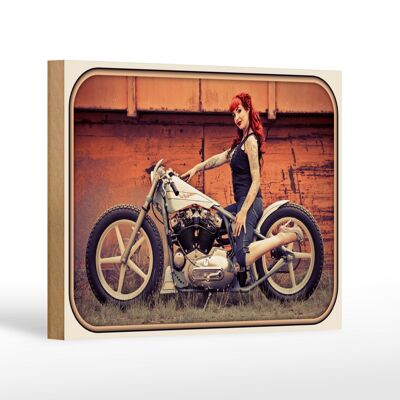 Cartel de madera moto 18x12 cm decoración biker chica mujer pin up