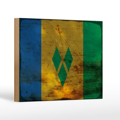 Letrero de madera bandera San Vicente Granadinas 18x12 cm decoración óxido