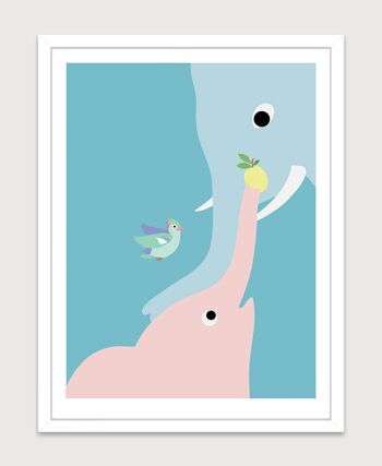Affiche pour chambre d'enfant : Eléphants bleus . Artiste: Alice RICARD 50x65 2