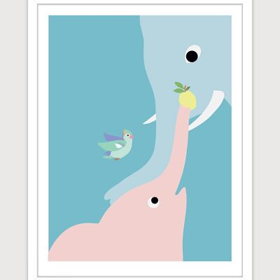 Poster for nursery: Blue elephants. Artist: Alice RICARD 30x40