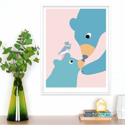 Affiche pour chambre d'enfant : Ours Roses. Artiste: Alice RICARD 50x65