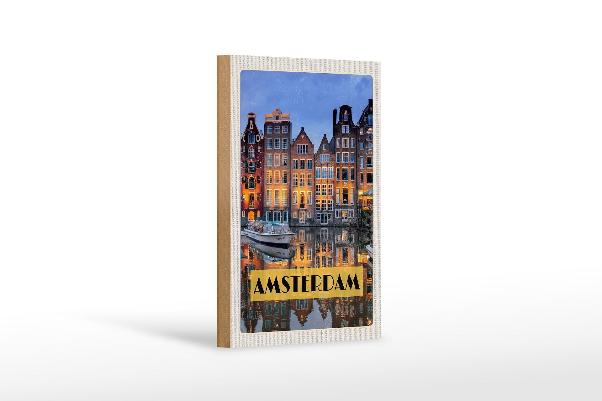 Wooden sign travel 12x18 cm Amsterdam at night travel destination decoration
