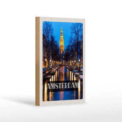 Holzschild Reise 12x18 cm Retro Amsterdam Munt Tower Nacht Dekoration