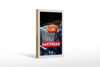 Panneau en bois voyage 12x18 cm rétro Amsterdam tulipes décoration vélo 1