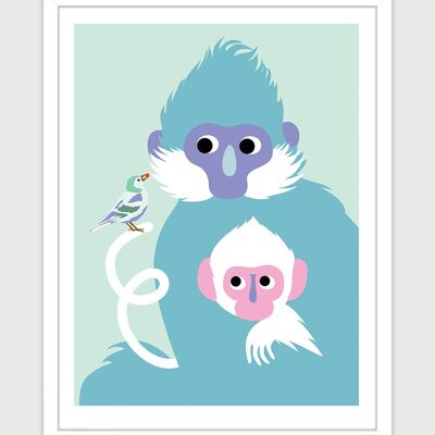 Poster für den Kindergarten: Blaue Affen. Künstler: Alice RICARD 30x40