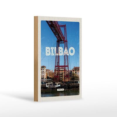 Cartello in legno da viaggio 12x18 cm retrò Bilbao Spagna città portuale montagne