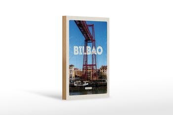 Panneau en bois voyage 12x18 cm rétro Bilbao espagne port ville montagnes 1