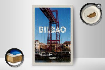 Panneau en bois voyage 12x18 cm rétro Bilbao espagne port ville montagnes 2
