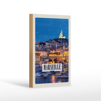 Cartel de madera Viaje 12x18 cm Retro Marsella Francia Panorama Noche