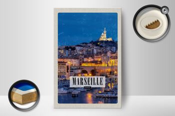 Panneau en bois Voyage 12x18 cm Rétro Marseille France Panorama Nuit 2