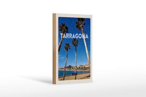 Holzschild Reise 12x18cm Tarragona Spanien Palmen mit Meerblick