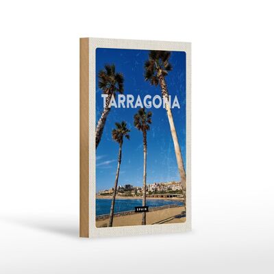 Cartello in legno da viaggio 12x18 cm Tarragona Spagna palme con vista mare