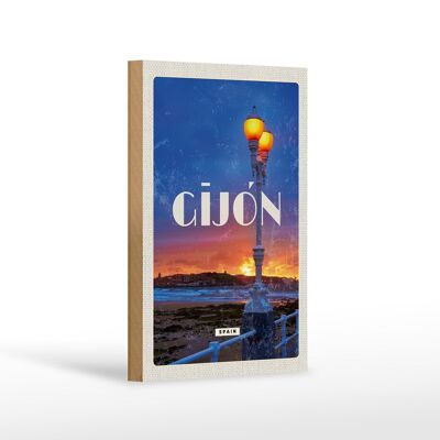 Cartel de madera viaje 12x18 cm Gijón España atardecer mar decoración