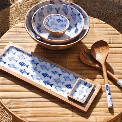 LARGE ENAMEL HANDLE WOOD BOWL AND SPOONS - FORMENTERA COLLECTION