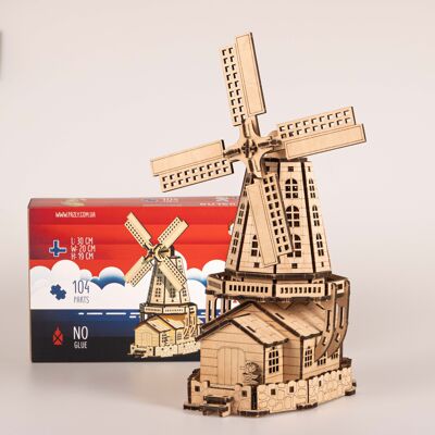 Holländische Windmühle, 3D-Puzzle aus Holz zum Selbermachen