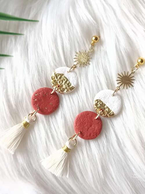 Terracotta Patterned dangle and drop Earrings - Terracotta dangle and drop with white and gold details and white tassel - gifts