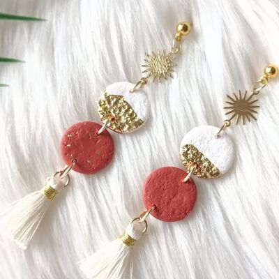 Terracotta Patterned dangle and drop Earrings - Terracotta dangle and drop with white and gold details and white tassel - gifts