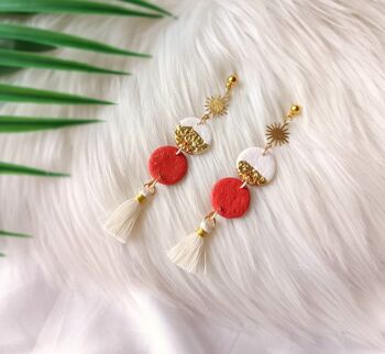 Terracotta Patterned dangle and drop Earrings - Terracotta dangle and drop with white and gold details and white tassel - gifts 2