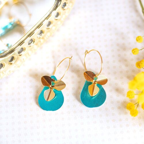 Boucles d'oreilles créoles Cathy cuir turquoise métallisé