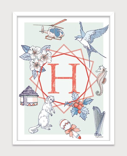 Affiche pour chambre d'enfant : Lettre H. Artiste: Sophie ROULIOT 30x40