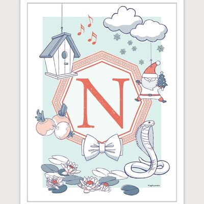 Poster for nursery: Letter N. Artist: Sophie ROULIOT 30x40