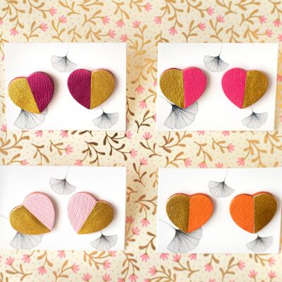 Heart earrings in pink and gold leather