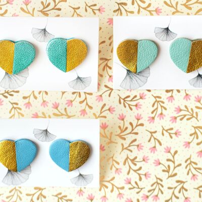 Heart earrings in blue and gold leather