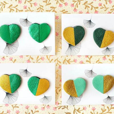 Heart earrings in green and gold leather