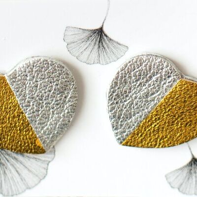 Heart earrings in silver and gold leather