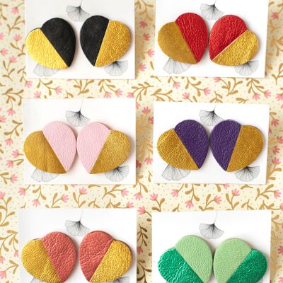 Large format two-tone leather heart earrings