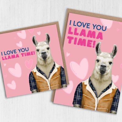 Anniversaire lama, carte Saint Valentin : Je t'aime l'heure des lamas