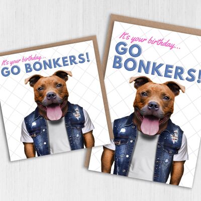 Staffy Hund Geburtstagskarte: Go bonkers