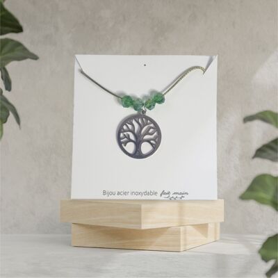 Lebensbaum-Halskette aus Edelstahl mit khakifarbenen Perlen