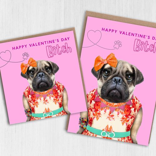 Female pug Valentine’s card: Happy Valentine’s Day Bitch