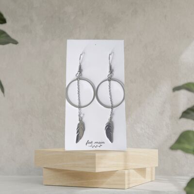 Round feather earring - stainless steel