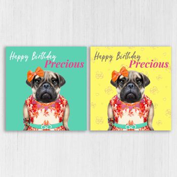 Carte d'anniversaire chien carlin femelle : Joyeux anniversaire précieux 1