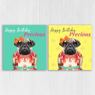 Tarjeta de cumpleaños de perro pug hembra: Feliz Cumpleaños Preciosa