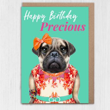 Carte d'anniversaire chien carlin femelle : Joyeux anniversaire précieux 4