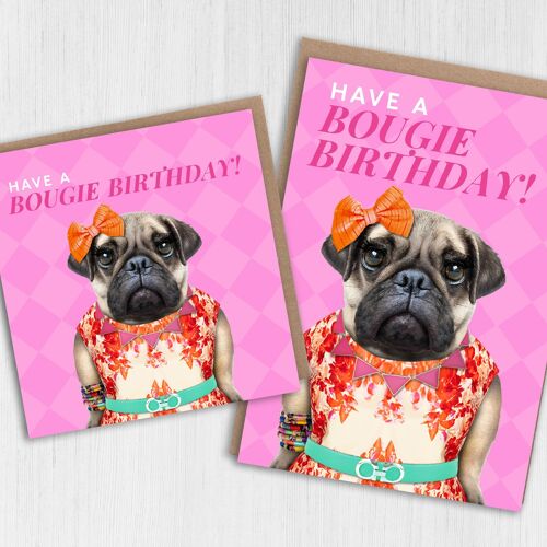 Female pug dog birthday card: Bougie Birthday
