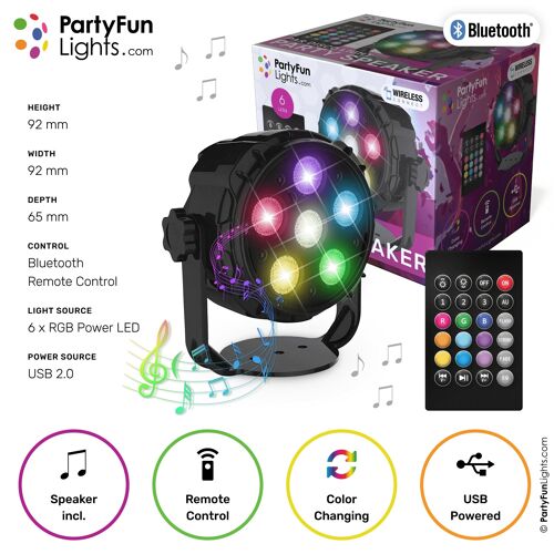 PartyFunLights - 6 LED - PAR - Disco Lamp - Party Speaker - with remote control