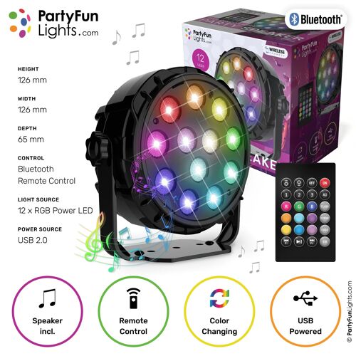 PartyFunLights - 12 LED - PAR - Disco Lamp - Party Speaker - with remote control